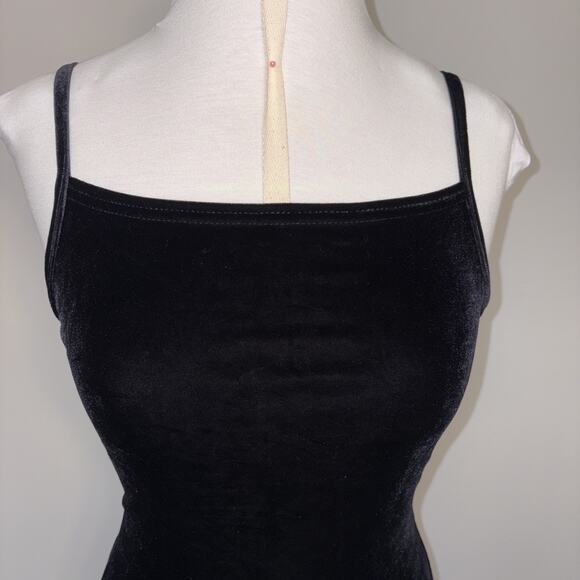 Vintage 90s Jump Black Stretch Velvet Spaghetti Strap Column Gown Back Vent 5/6 - Picture 2 of 13